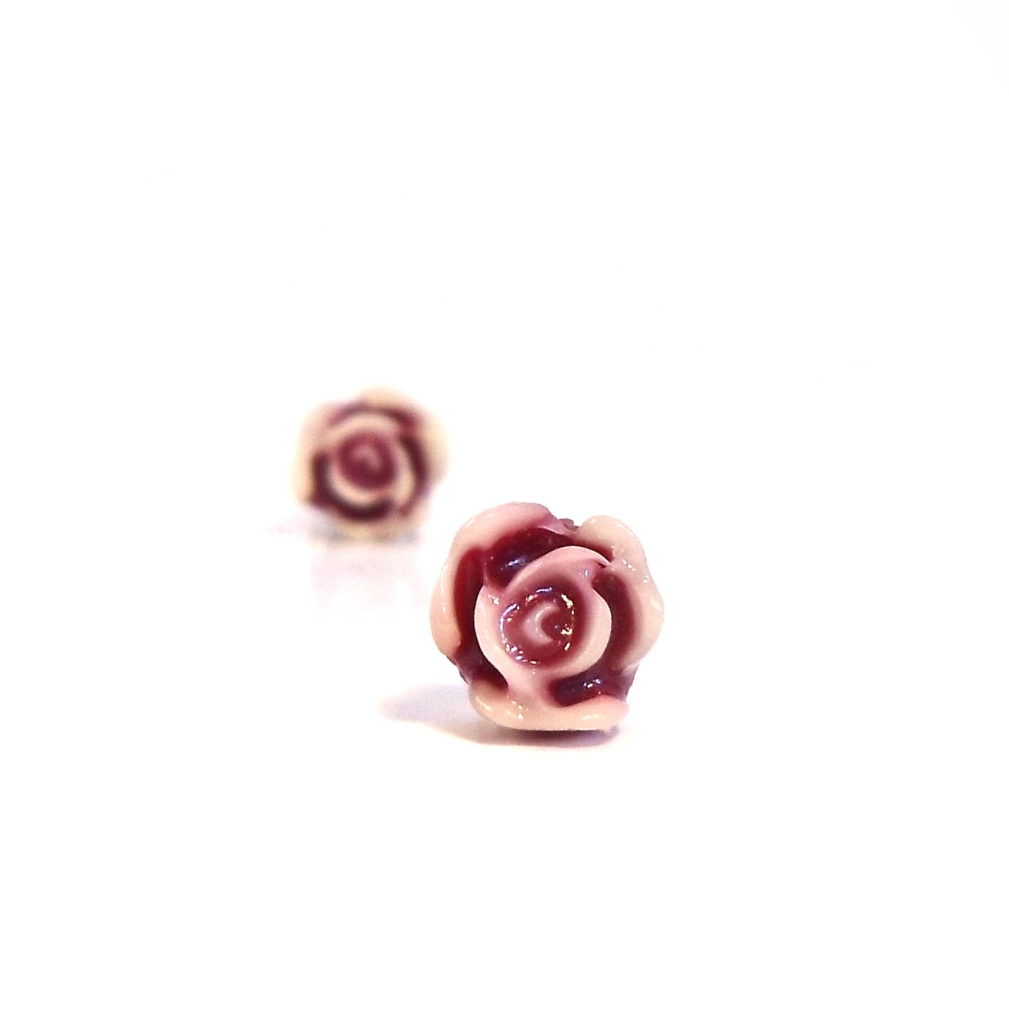 Red Rose Earrings - White and Red Rose Studs - Plastic Rose Earrings - Hypoallergenic - Surgical Steel Earrings - Dark Red