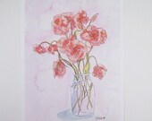 Watercolor Original Fine Art Print Pink Flower Floral Botanical Gardener Garden Illustration Rustic Cottage Spring Springtime Easter 5x7
