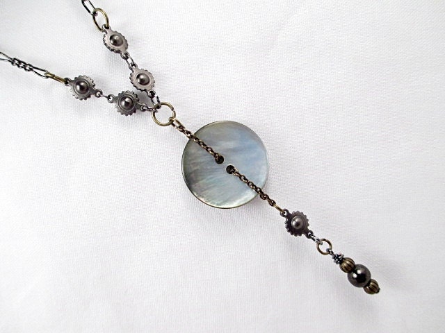 Lariat Necklace Handmade Beaded Jewelry Upcycled Vintage Shell Button Silver Gun Metal Victorian Punk Goth Reversible Bohemian Boho Rustic