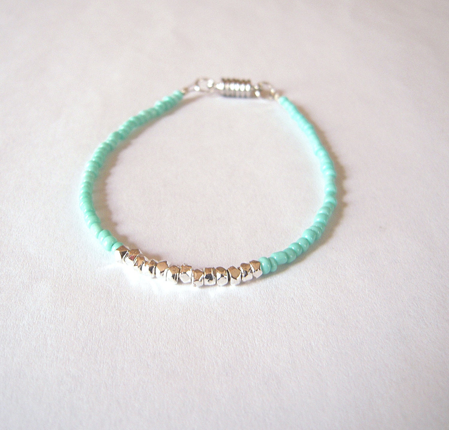 Delicate Ocean Blue Beaded Bracelet - Green Seed Bead Friendship Bracelet - Stackable Bracelet