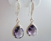 Amethyst Purple Earrings Teardrop Czech Glass Crystal  - Bridal Jewelry - Cubic Zirconia Ear wires