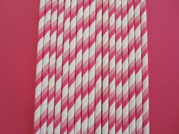 25 Hot Pink & Pink Double Striped Paper Straws Il_570xn