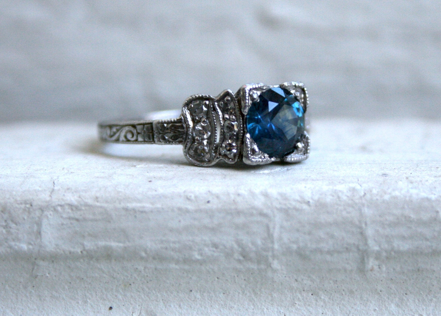 RESERVED - Fantastic Vintage Art Deco Platinum Sapphire Diamond Engagement Ring - 1.30ct.