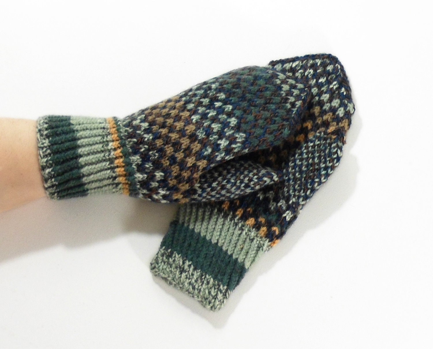 Hand Knitted Mittens - Gray and Green, Size Large - UnlimitedCraftworks