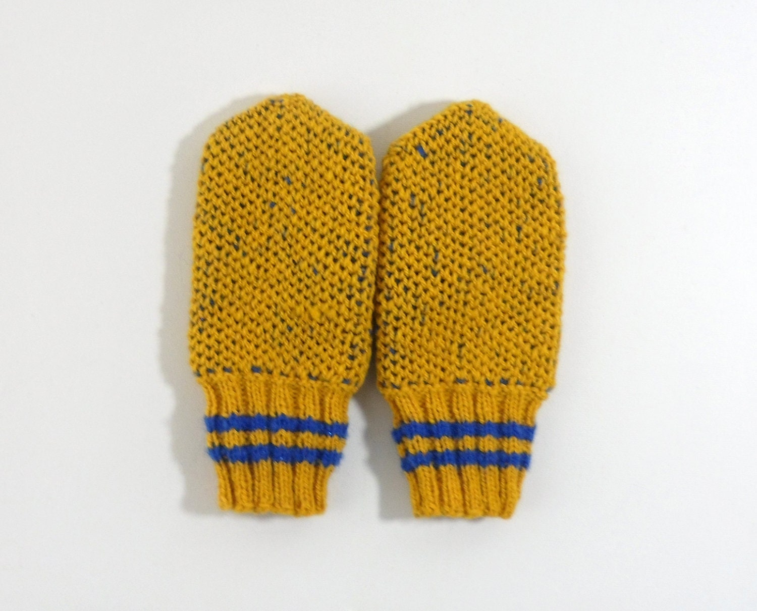Hand Knitted Mittens - Yellow and Blue, Size Small