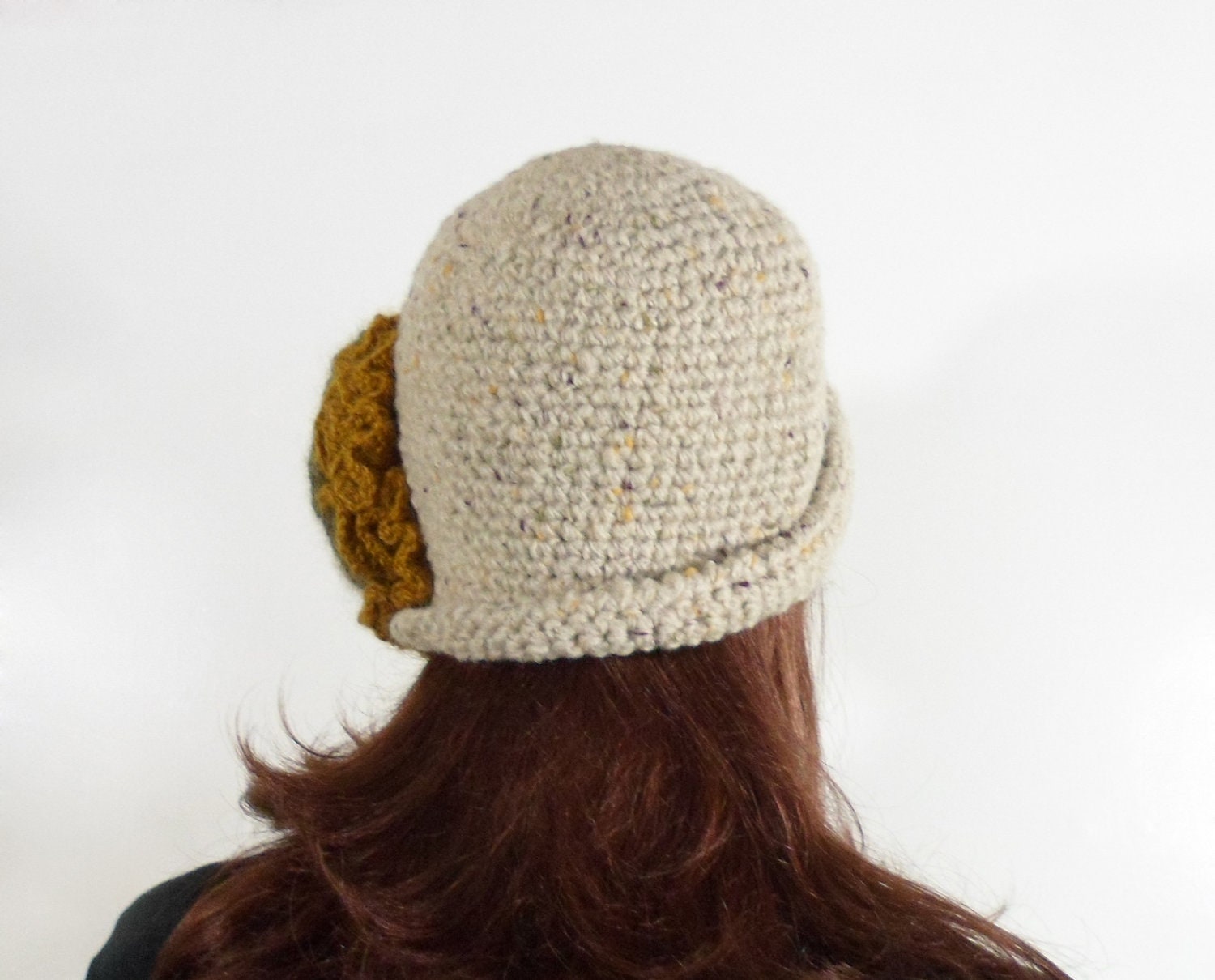 Crochet Cloche Hat with Large Flower - Beige