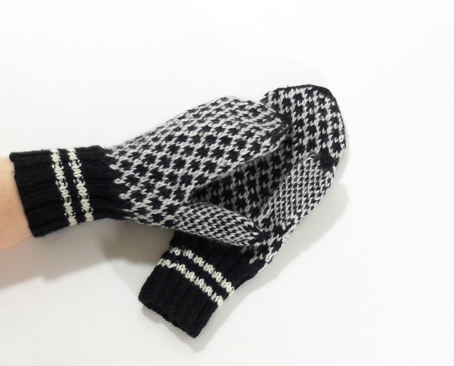Hand Knitted Mittens - Black and White, Size Large