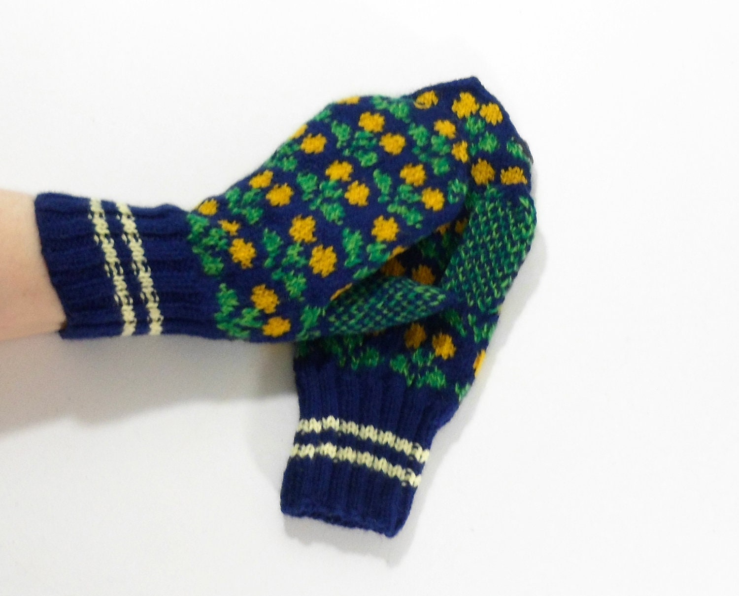 Hand Knitted Mittens - Blue and Green, Size Large