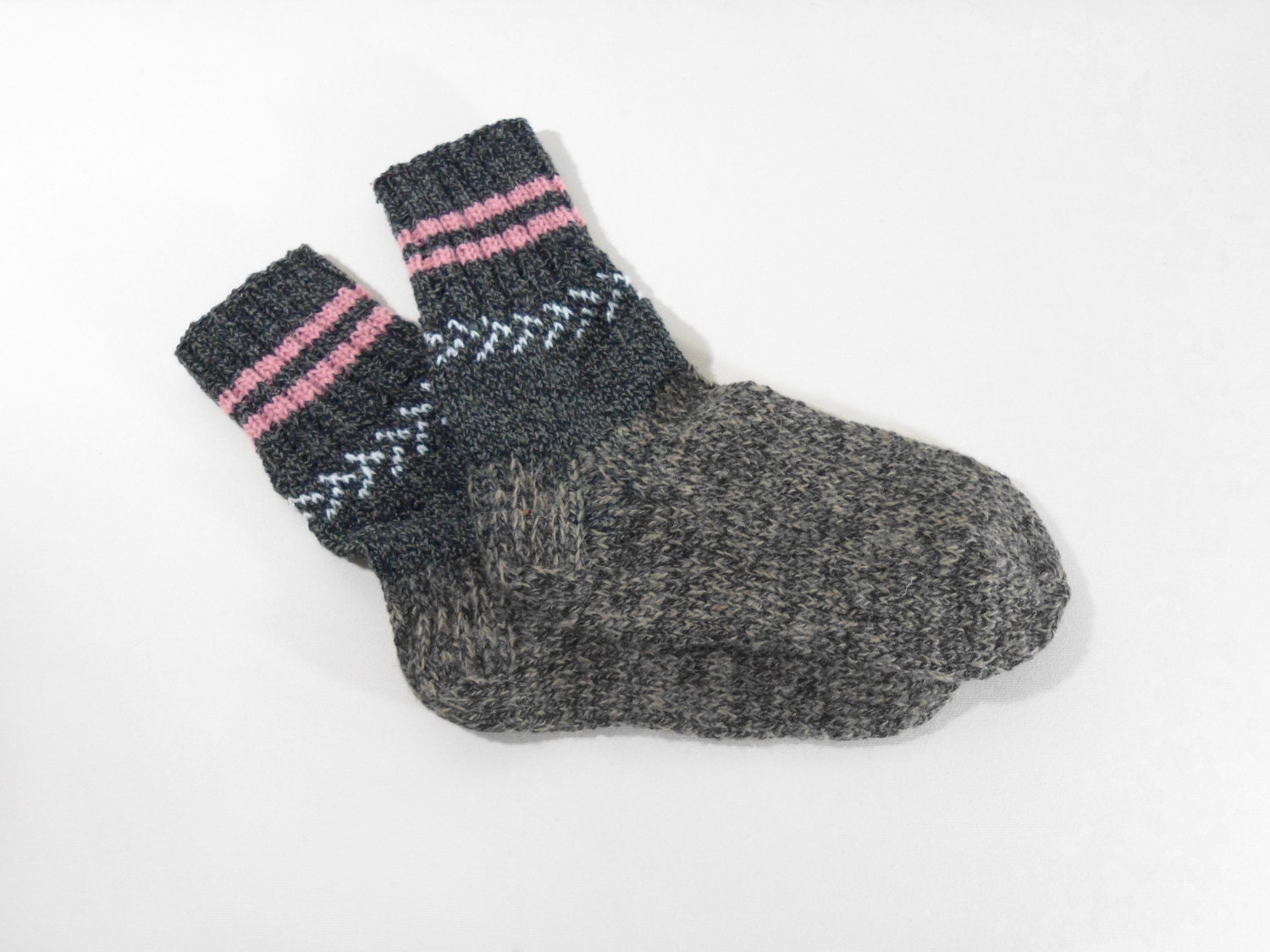 Hand Knitted Wool Socks - Gray and Black, Size Large