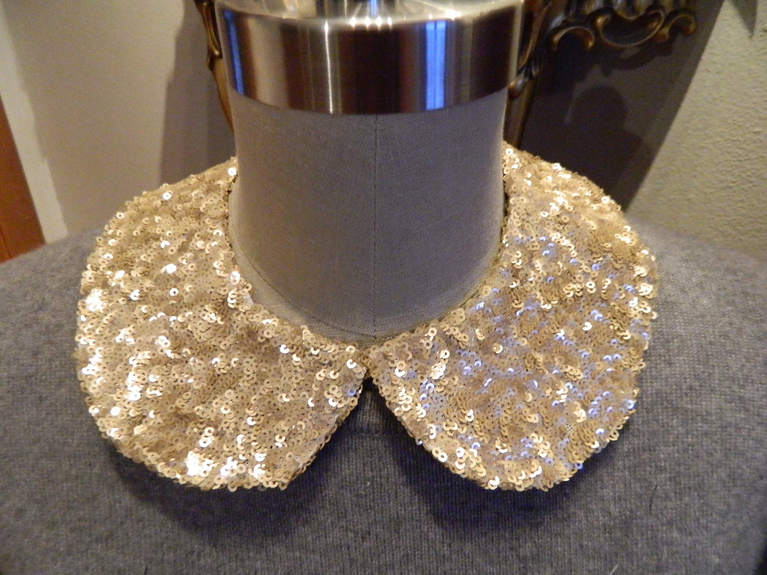 Gold Sequin Peter Pan Collar Necklace with Jewelry Closure Back