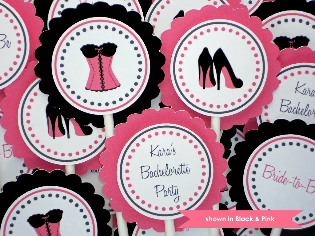 Bachelorette Cupcake Toppers - Personalized Corset & Heels Themed Party Decorations - Black and Pink - Colors Customizable Il_570xn