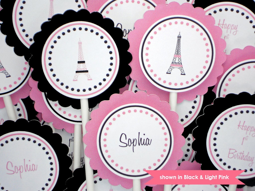 Eiffel Tower Cupcake Toppers - Personalized Paris Themed Party Decorations - Black and Light Pink - Colors Customizable Il_570xn