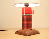 Repurposed Vintage Thermos Table Lamp, Red Plaid Small Metal Upcycled - White Cloth Lampshade