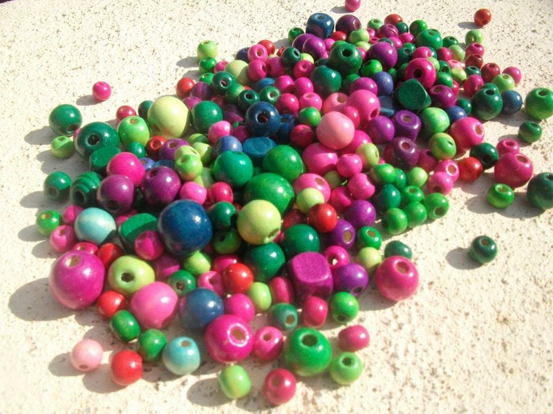 Wood Beads large and small beads pink, blue, green, red