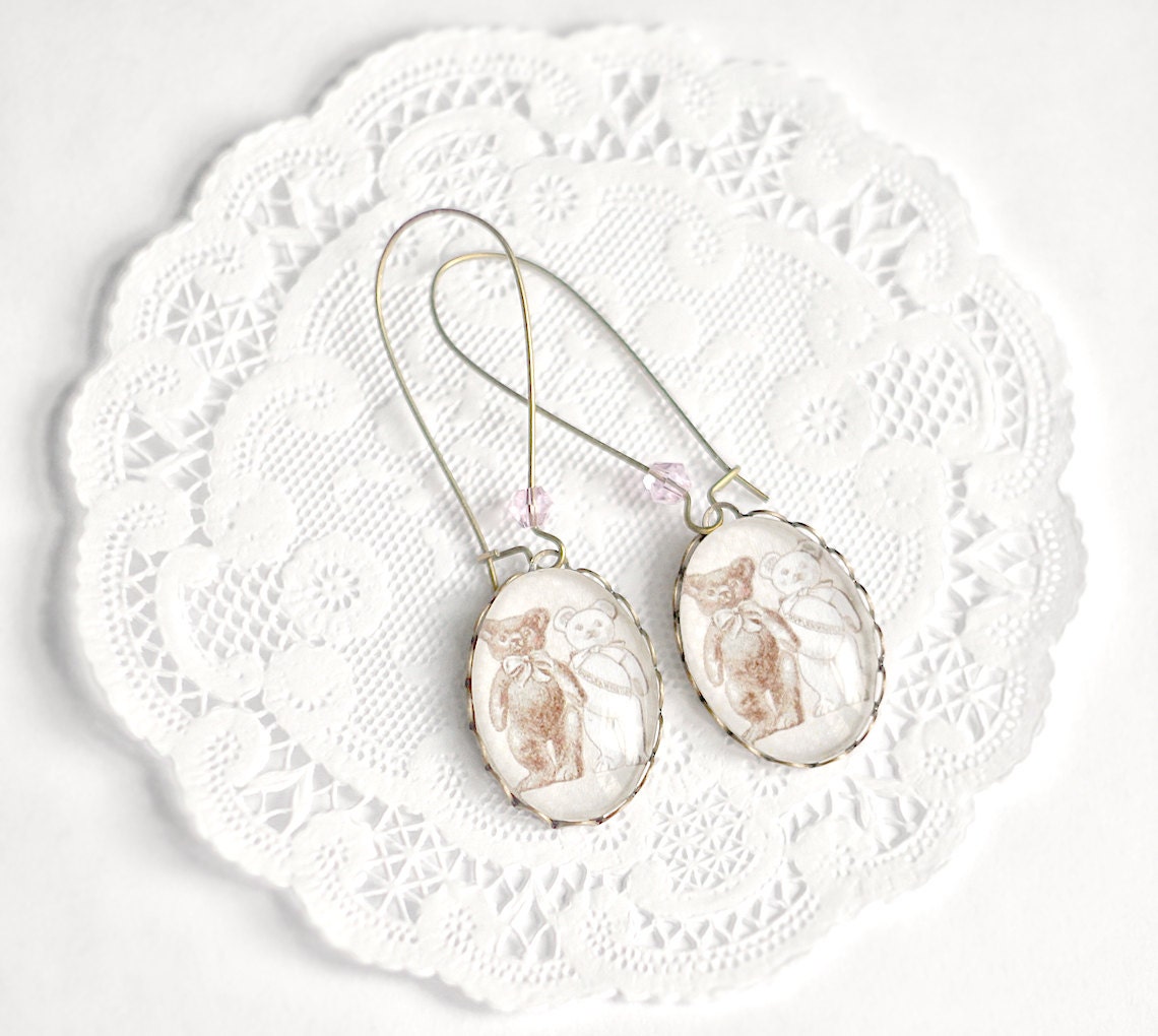 Vintage teddy bears earrings - Art jewelry - Free worldwide shipping - Gift for her under 25 USD