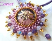 Handmade Beadwork pendant, Czech Glass Button, Pink, Lilac, Golden Dragonfly, Bridesmaids Gift - The Queen of the Wind