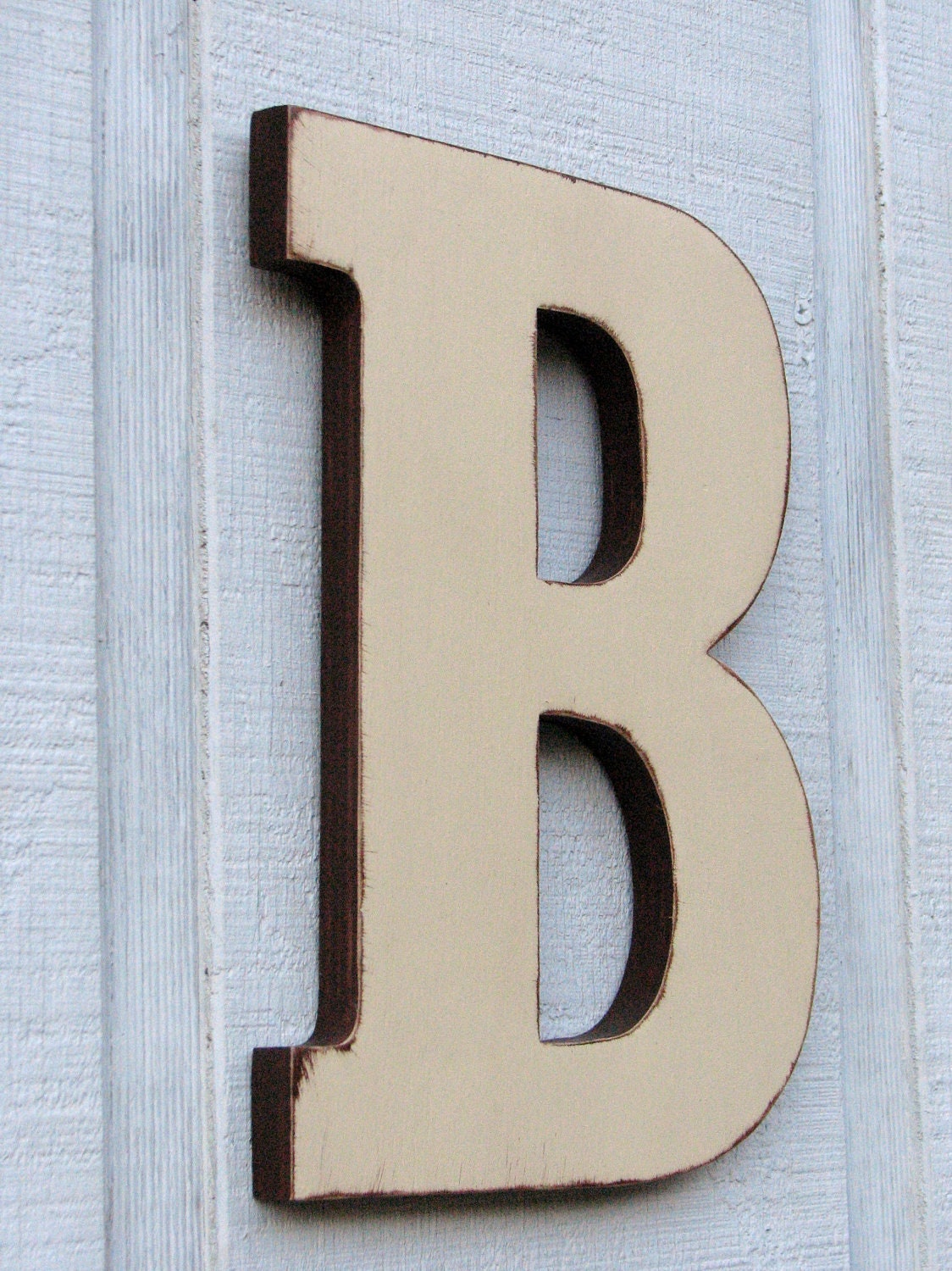 Rustic Wooden Letters B Distressed Painted Buttermilk and Dark Chocolate on edge,12" tall Wood Name Letters, Custom home decor You Pick Colo