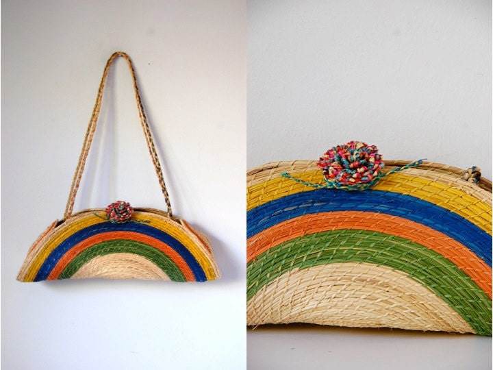Vtg Rainbow Colorful Straw Flower Tie Horizontal Shoulder Bag