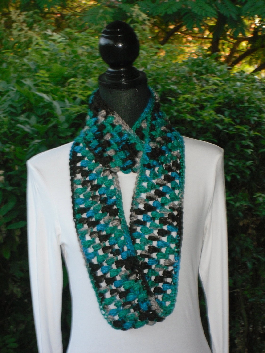 Puff Infinity Eternity Cowl Neck Warmer Circle Scarf Tropical Storm Blue Green Taupe Brown Cluster Crochet