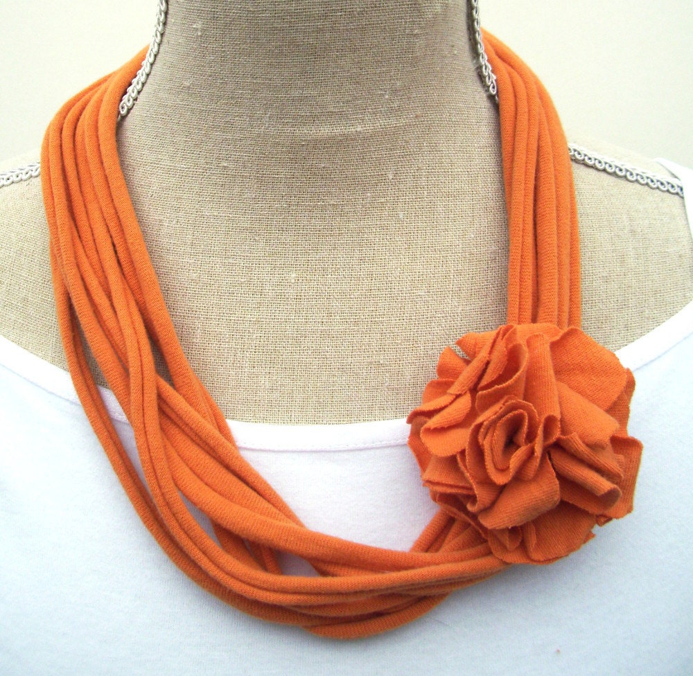 Upcycled Pumpkin Orange Jersey Tee Noodle Necklace with Removable Flower Clip, Repurposed Recycled T-shirt Loop Scarf, Accessory