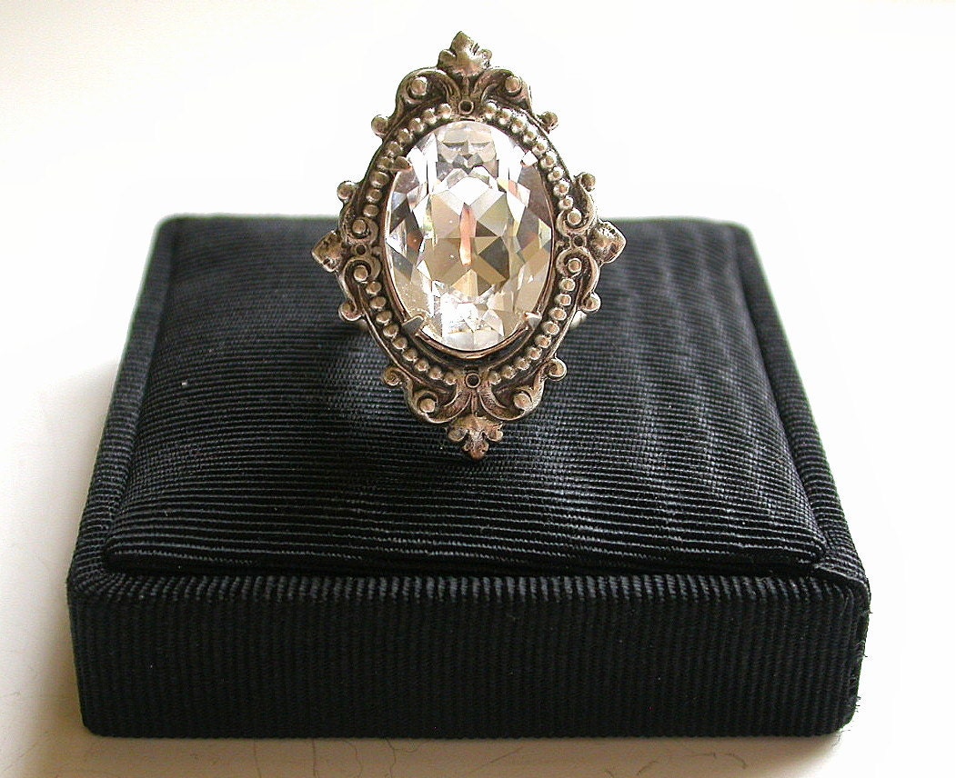 Swarovski Crystal Victorian  Silver Ring - Bridal Ring - Vintage style Wedding Jewelry