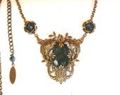 Victorian Crystal Necklace  - Montana Blue Jewel on Oxidized Brass and Swarovski Crystals - Victorian Gothic Jewelry