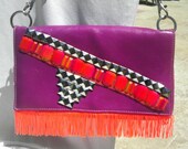 Handmade Clutch wristlet women purple,neon orange fringe and silver studs bag