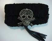 Handmade women black Evening clutch and rhinestone skull