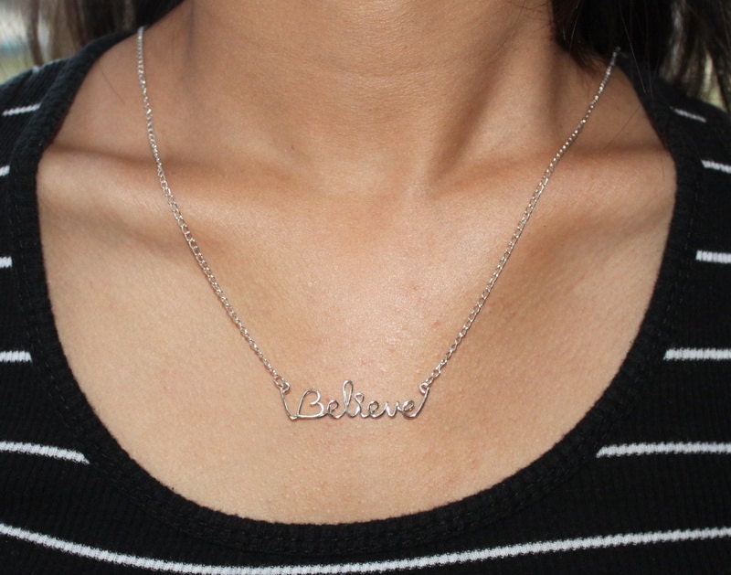 Believe Necklace, Sterling Silver Wire Word
