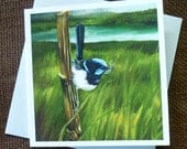 Fairy Wren catching an insect, Australian native bird - blank greeting card from original oil painting