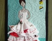 Art Quilt - Magpie Girl - Aqua and Red