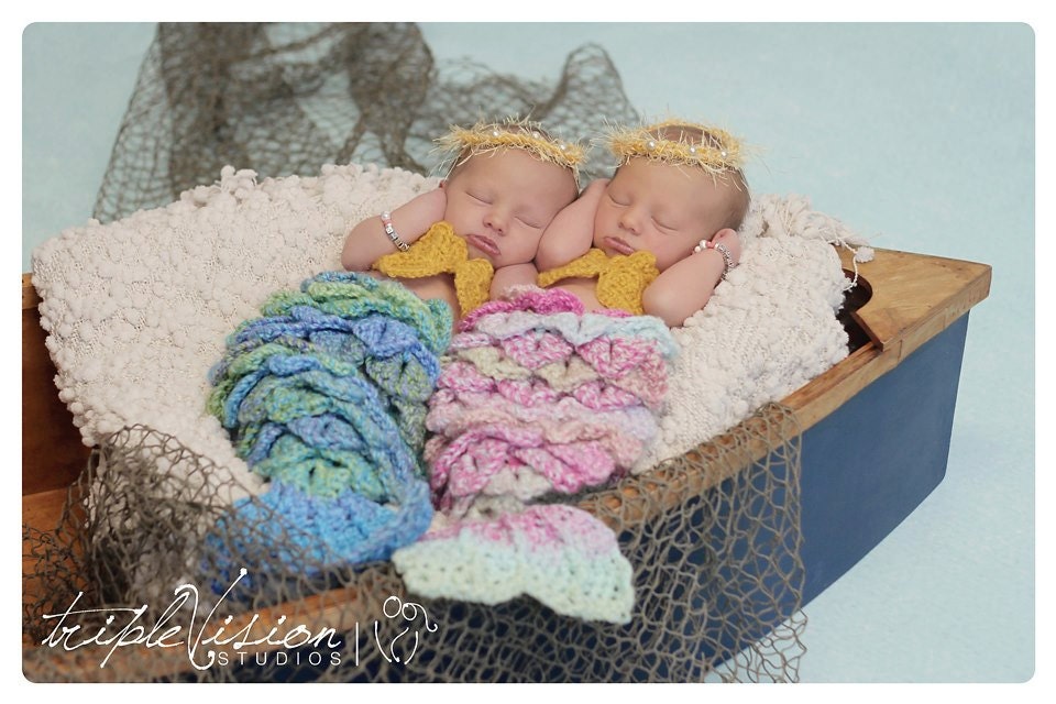 Newborn Mermaid Tail Cape Seashell Top and Gold Pearl Headband Photo Prop Set Infant