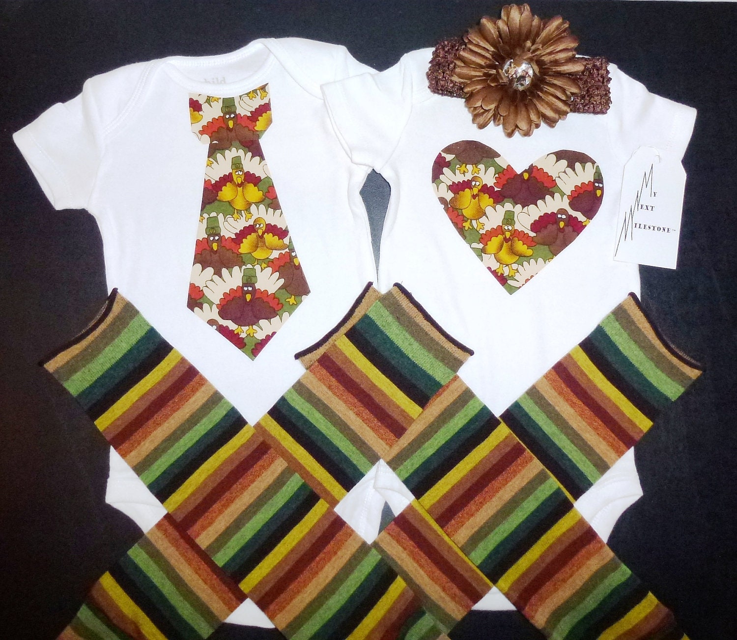 Thanksgiving Turkey Necktie and Heart Shape Onesies with Matching Leg Warmers and Flower clip headband TWINS set Boy Girl Fall Autumn