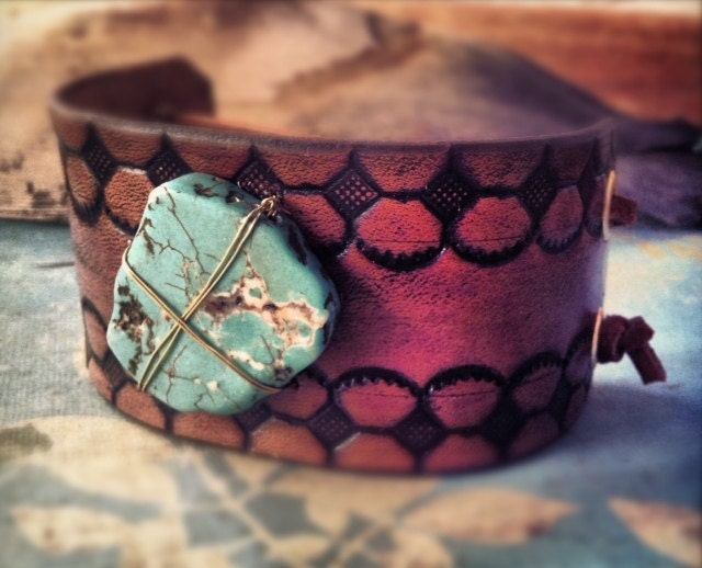 SALE Leather Bracelet Adjustable Tooled Chunky Turquoise Gemstone Cuff Navajo Style