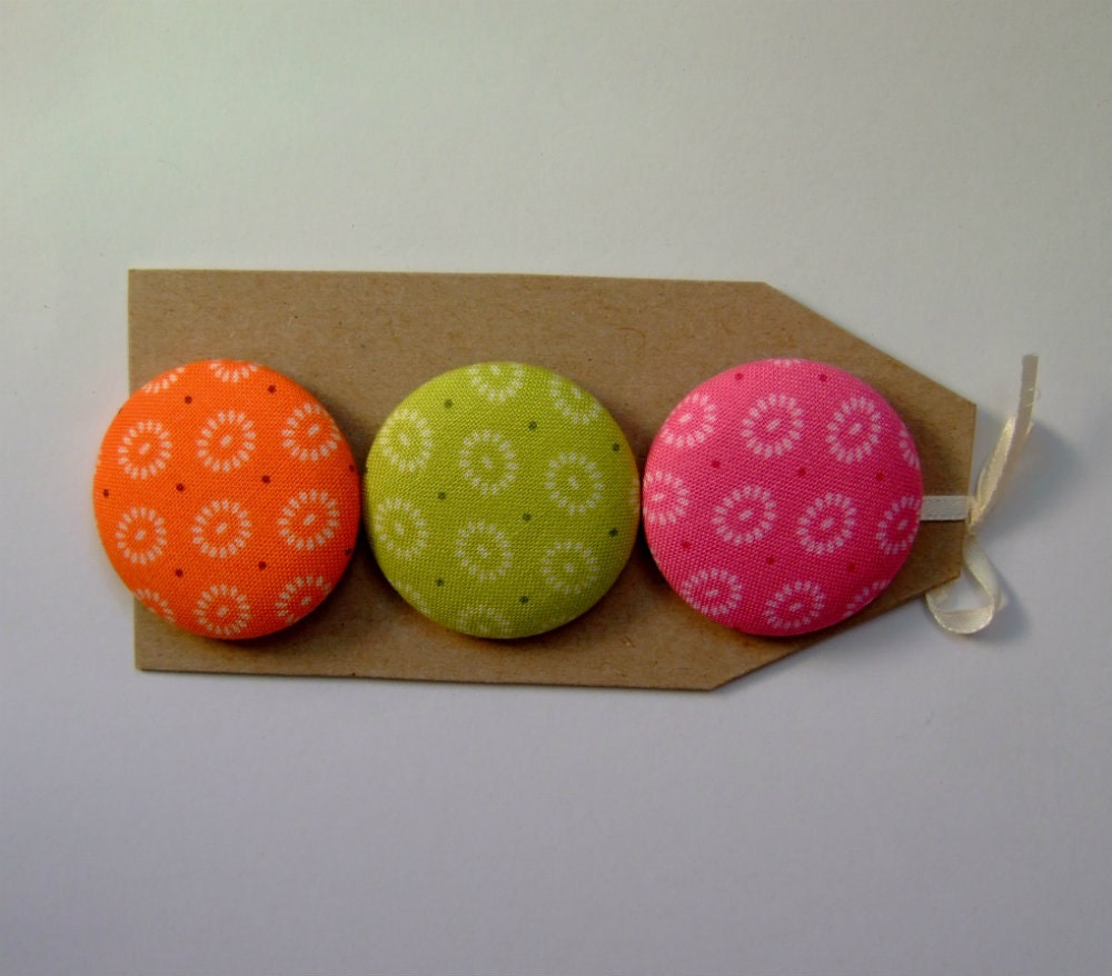 3 big Buttons, 1 1/2 in covered buttons in lime green, orange and pink