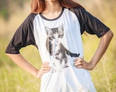 ON SALE cat screenprinted on Baseball t-shirt Women tee shirt unisex tee short sleeve tee shirt size M