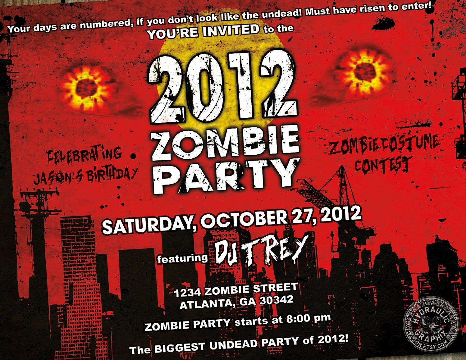 Zombie Costume Party Invitation for Halloween or Birthday Party 28 Days Later and the Walking Dead inspired Il_570xn