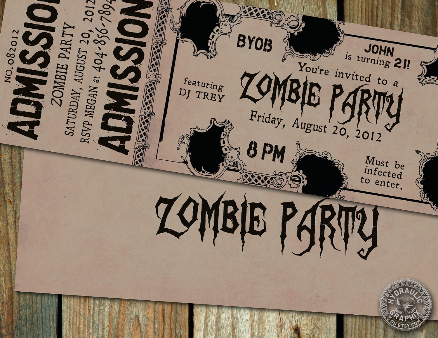 Zombie Birthday Party Ticket Invitation with classic vintage advertising inspiration with DJ, must be infected, Walking Dead inspired Il_570xn