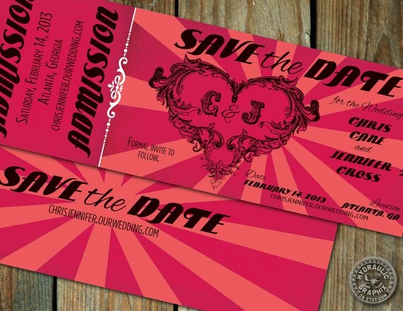 Wedding Save the Date for Valentine's Day in February with steampunk heart in the format of an admission ticket Il_570xn