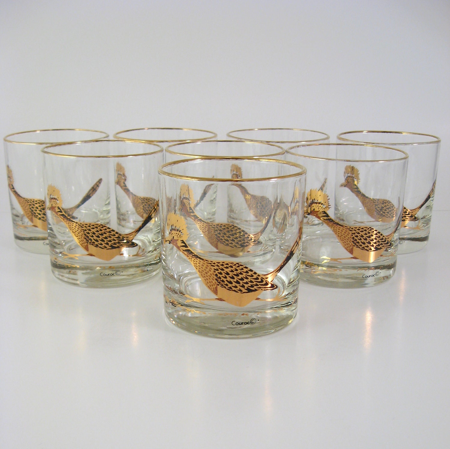 Vintage Couroc Lowballs, Set of 8, Gold Roadrunners, Mid-Century Barware, 1950's 1960's