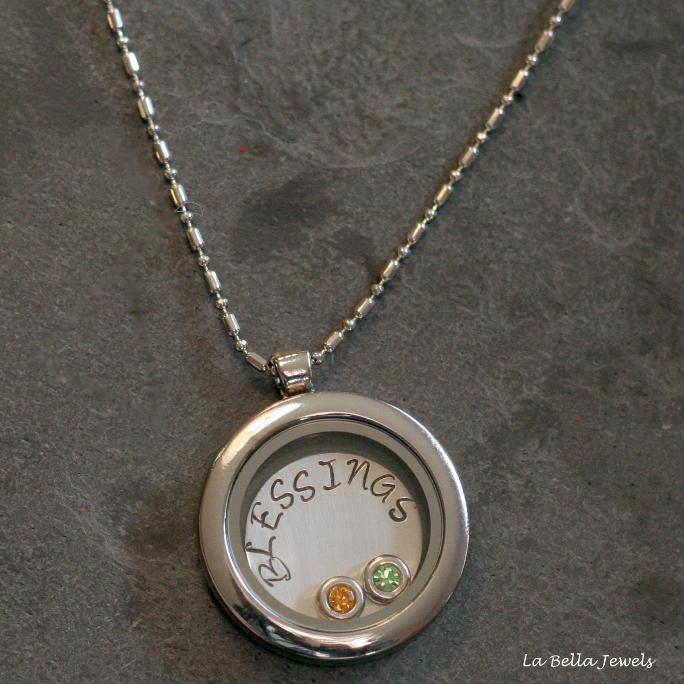Custom Personalized  Blessings Glass Locket  with Hand Stamped Sterling Disc Birthstone Necklace - Mother's Day