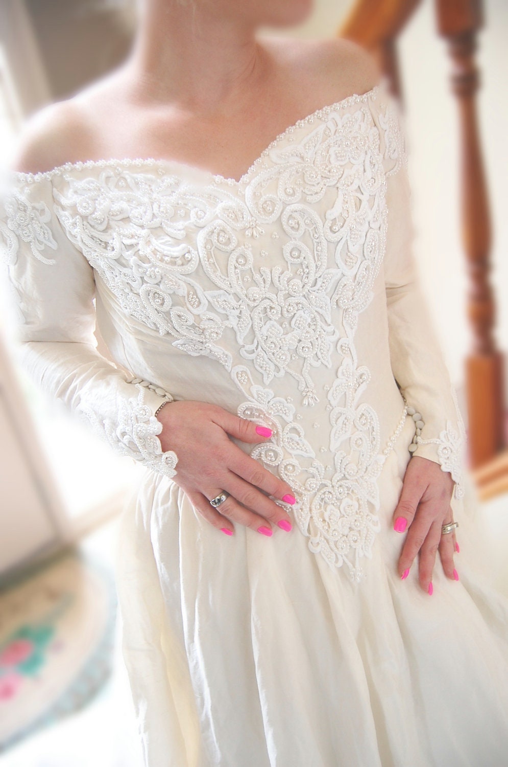 Silk Bridal Gown Ivory Dupioni Silk Wedding Gown c80s Vintage Long Sleeves Garden Romantic Royal Sz 6-8 Pearls Wedding Dress