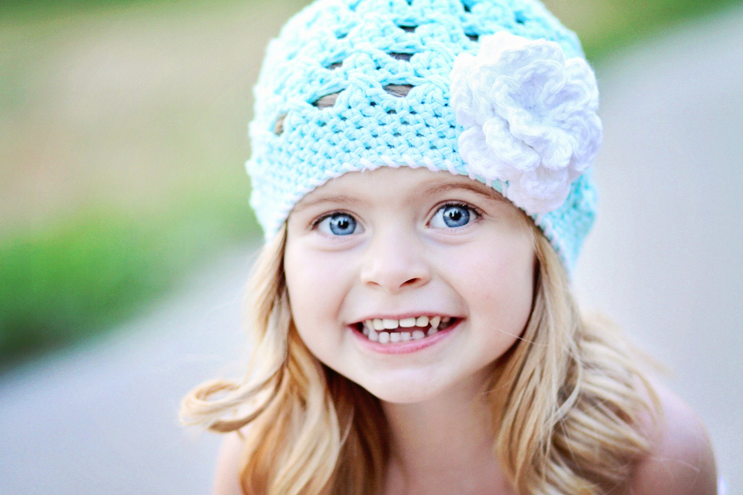 Crochet Girls Beanie - Robins Egg Blue and White Hat