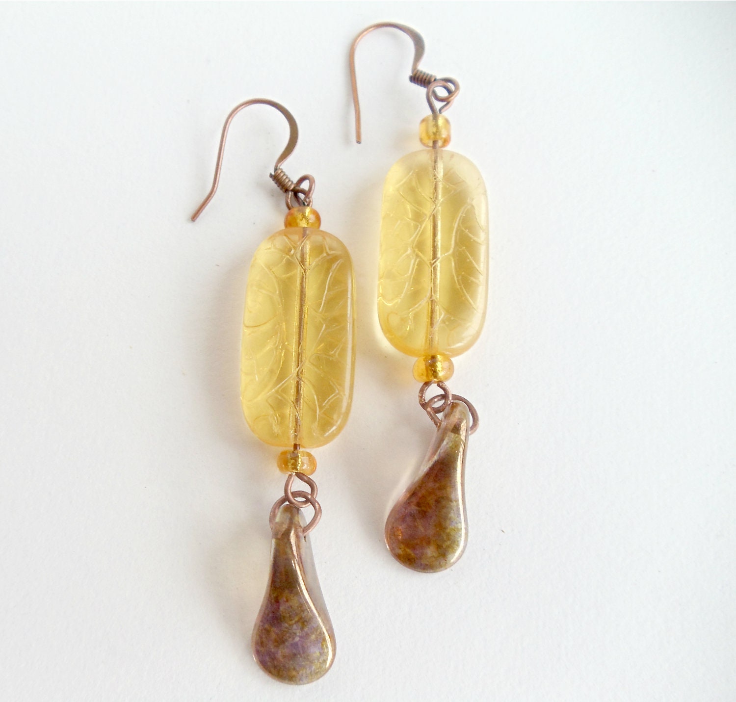Citrine Glass Earrings Amber Swirl Teardrop Beads Copper Colored Earwires