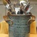 5" Tall Stoneware Pottery Utensil/Paintbrush Holder in Antique Iron High Fire Glaze.