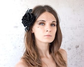 Black birdcage veil, Black vail, Holiday Fashion, Hair flower, Flower hair clip. Black rose silk. Black fascinator, Headpiece ohtteam