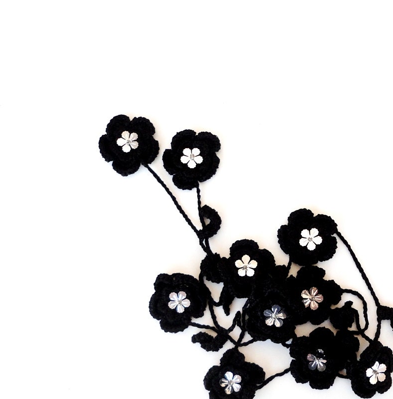 Black Flower Crochet Necklace,Crocheted Jewelry,lariat ,wrap, crocheted textile jewelry - ScarfLovers