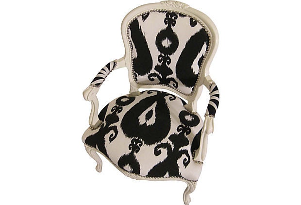 French Bergere Arm Chair White Black Ikat Modern Chic Painted Upholstered Dining Accent