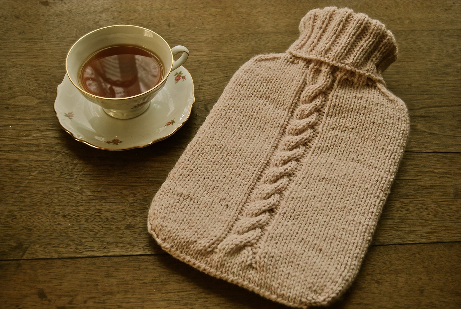 Light Pink Heather Knitted 1940's Hot Water Bottle Cover