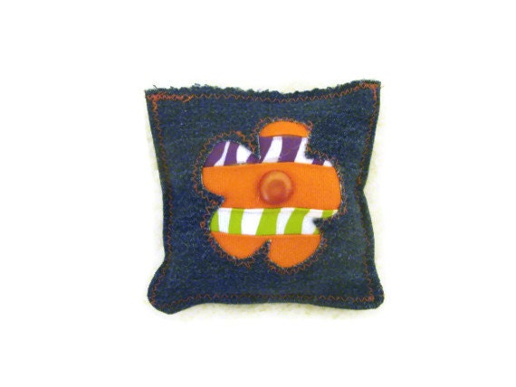 Denim Flower Pincushion-Fabric Pincushion-  Orange Green Purple and Denim- Small Pincushion
